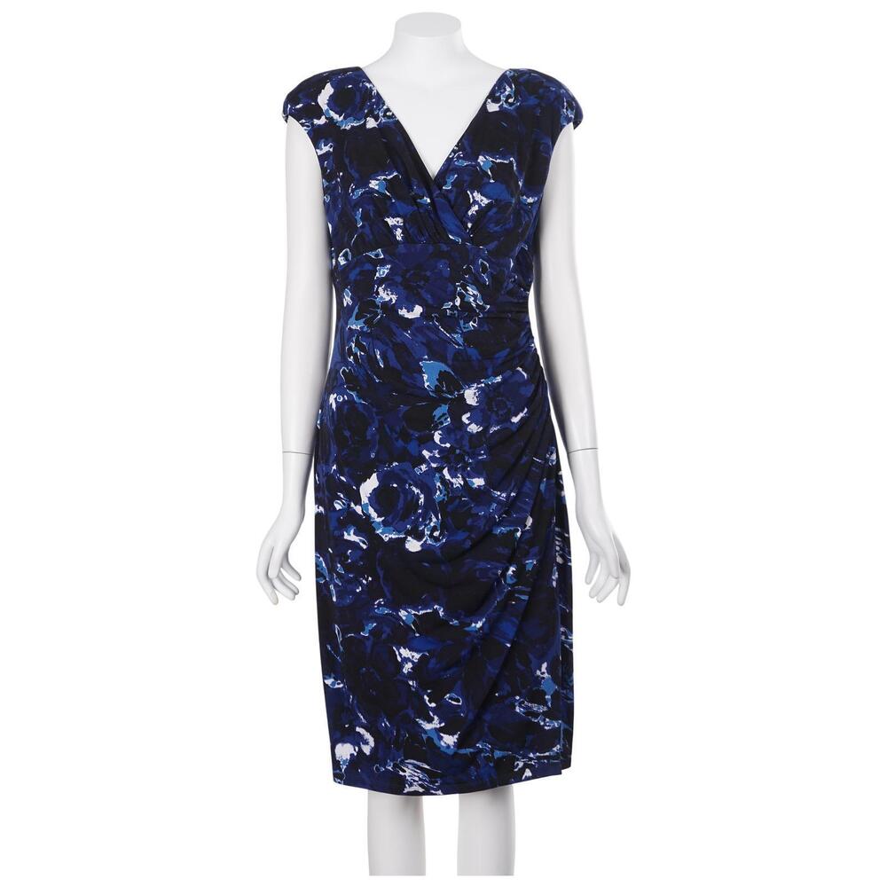 NWT Lauren Ralph Lauren Dress Size 8 Blue Floral Sheath Stretch V-Neck Ruched